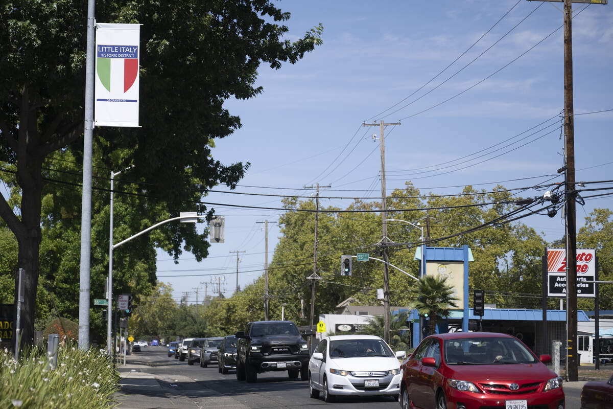 A new sign designating the Little Italy Historic District hangs along Folsom Boulevard in East Sacramento on Monday, Aug. 10, 2026.